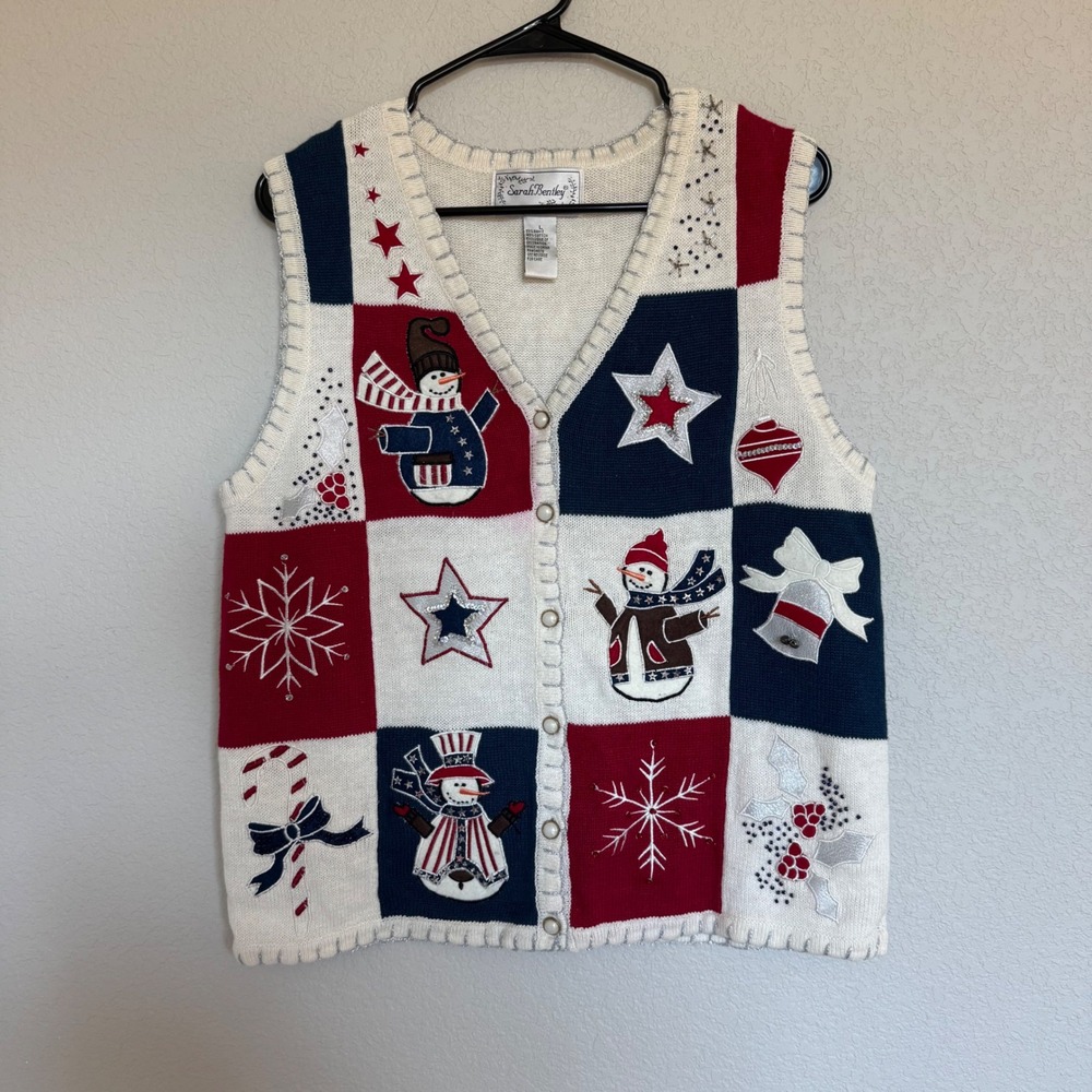 Sarah Bentley Vintage Christmas Sweater Vest Snowman Patchwork Holiday Festive